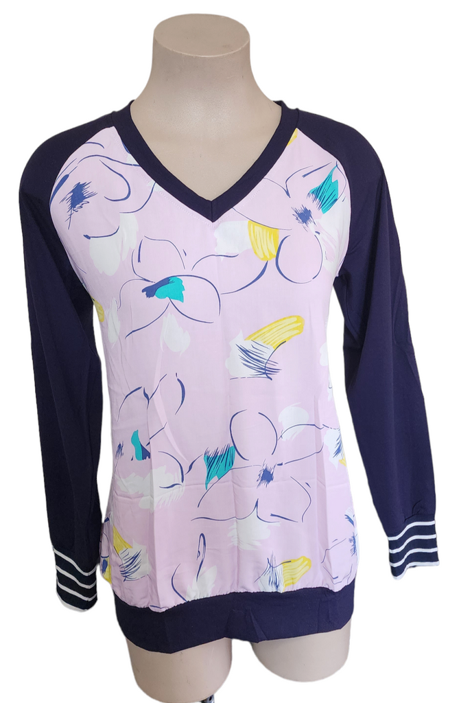 Pink & Navy Rayon V Neck Top
