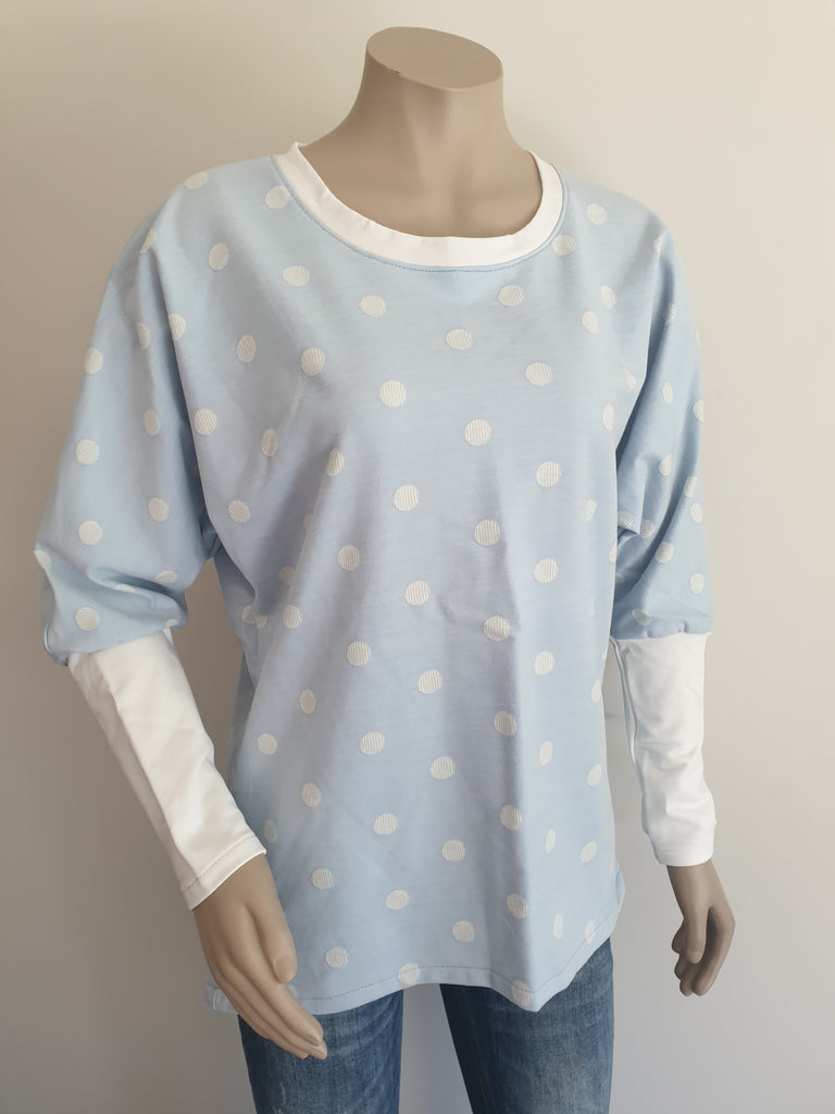Pale Blue Spot French Terry Batwing Top