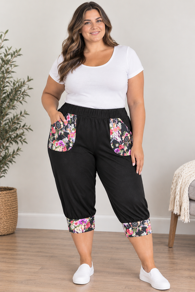 3/4 Black Floral Skull Pants