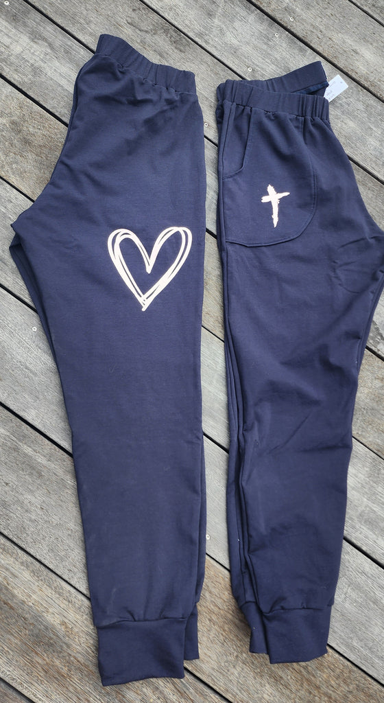 Navy French Terry Rose Gold Heart Cross Pants