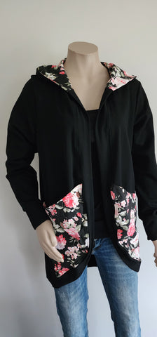 Black -Floral Longline Hooded Cardi