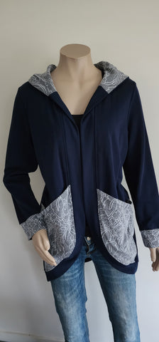 Navy Sqyiggles  Longline Hooded Cardi