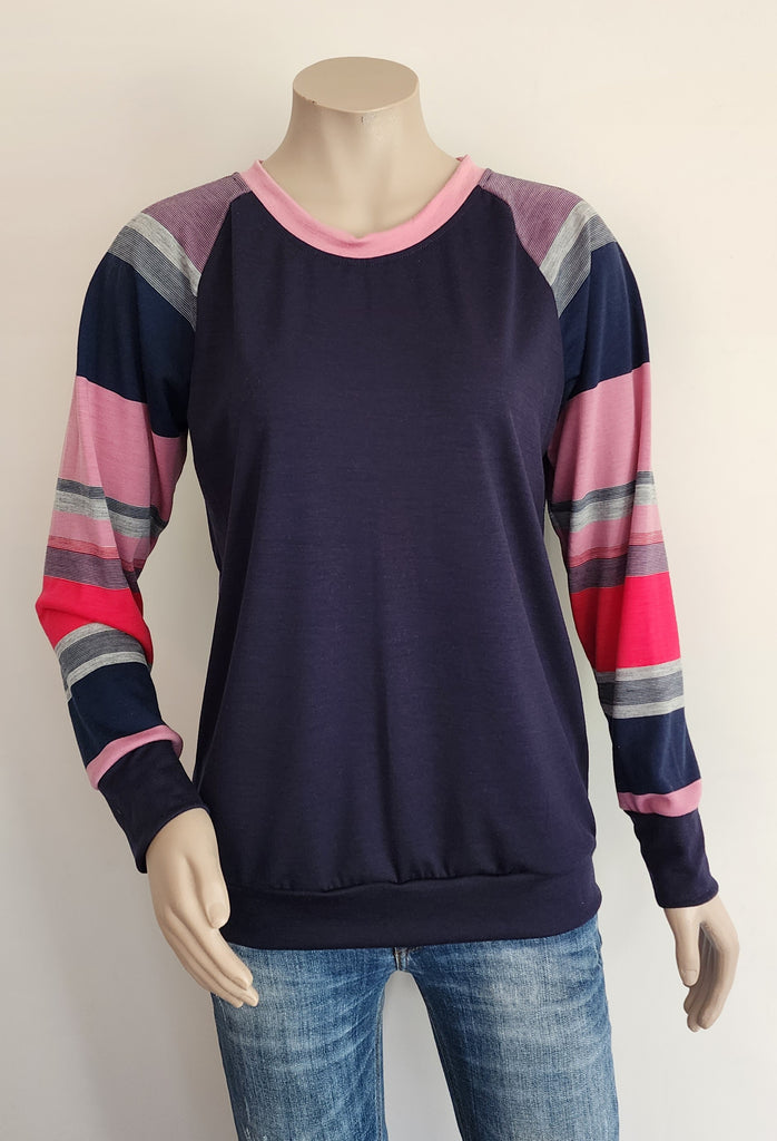 Navy Merino Pink Stripe Jumper