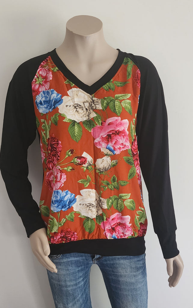 Rust Floral V Neck Top