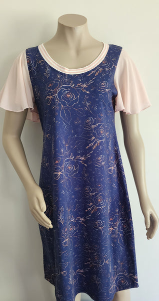 Navy Rose Gold Coloured Print Flutter Sleeve Dress