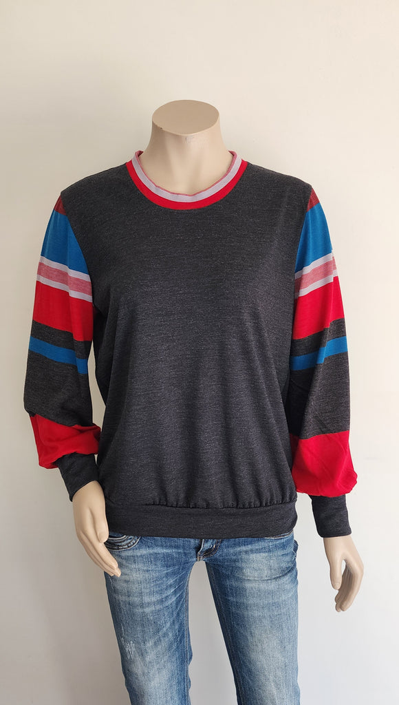 Merino Stripe Jumper - Charcoal  / Red / Teal