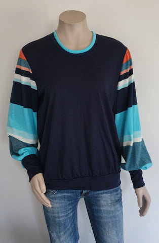 Merino Stripe Jumper - Navy / Orange / Teal