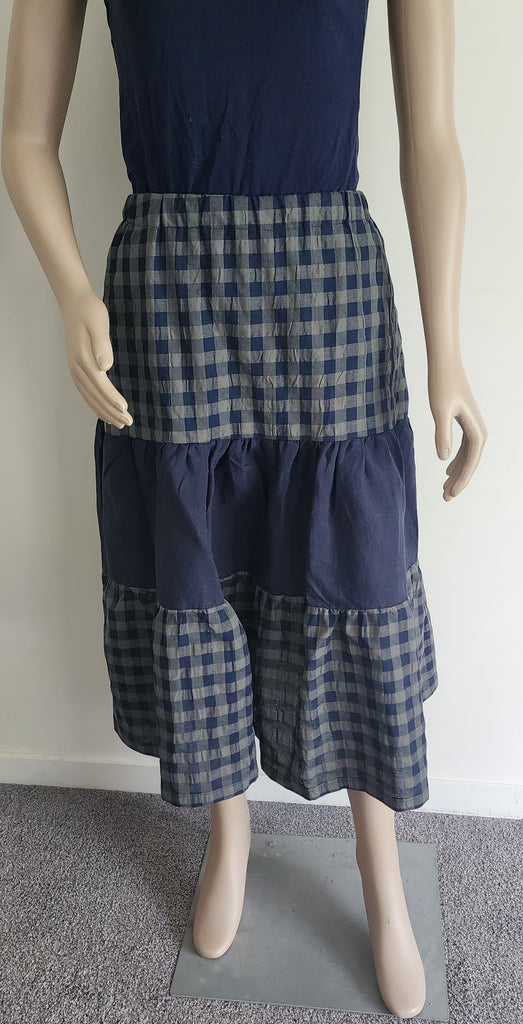 Navy Gingham Linen / Cotton Tiered Skirt