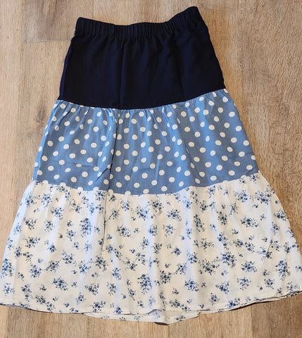 Blue Floral Rayon Tiered Skirt