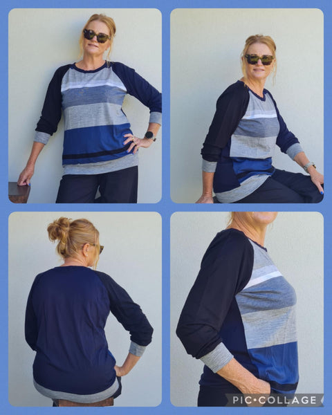 Mismatched Sleeve Navy  & Grey Merino Stripe Jumper