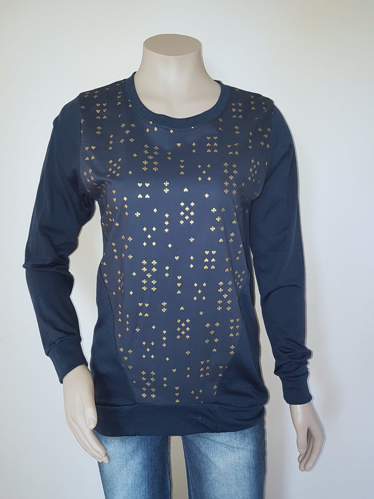 Navy Merino with metallic gold print Jumper