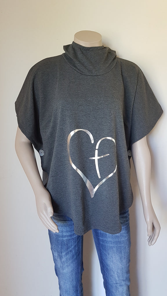 Charcoal Heart Print Hooded Sweatshirt Poncho - Cotton