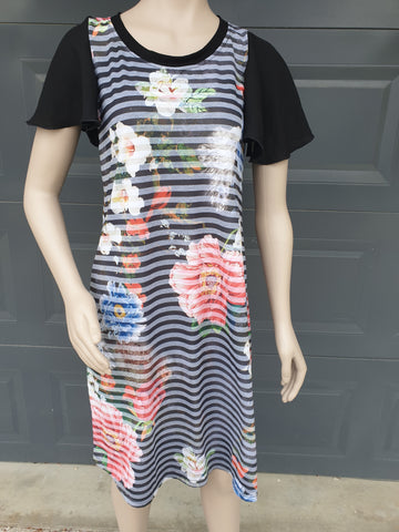 Black  Floral Stripe Flutter Sleeve Dress