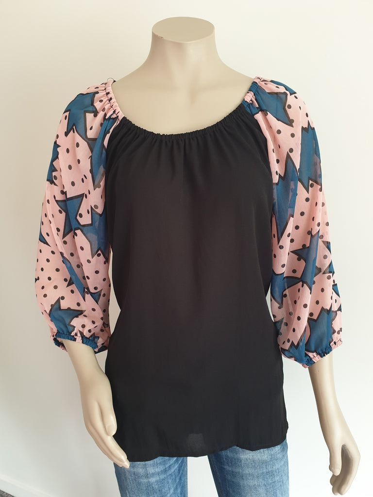 Pink Star Black Print Top