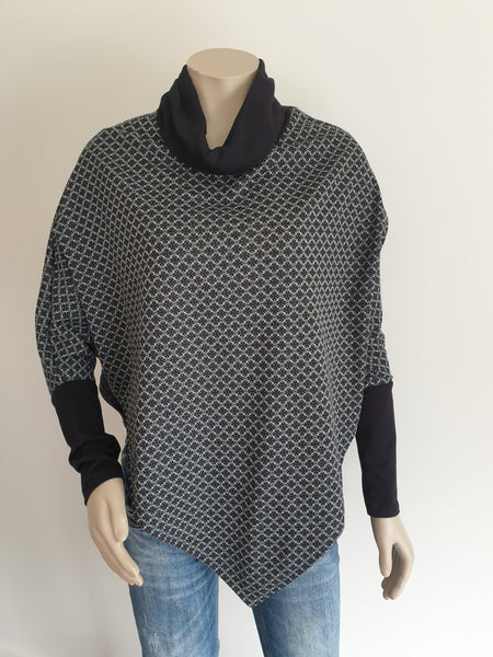 Cowl Neck Black Print Poncho With Sleeve