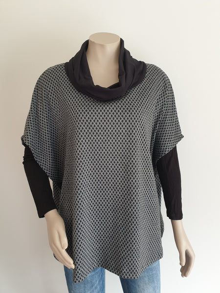 Black Print Ponte Cowl Neck Poncho