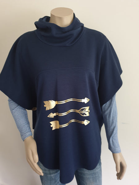 Ponte  Merino  Print Hooded  Poncho - Navy