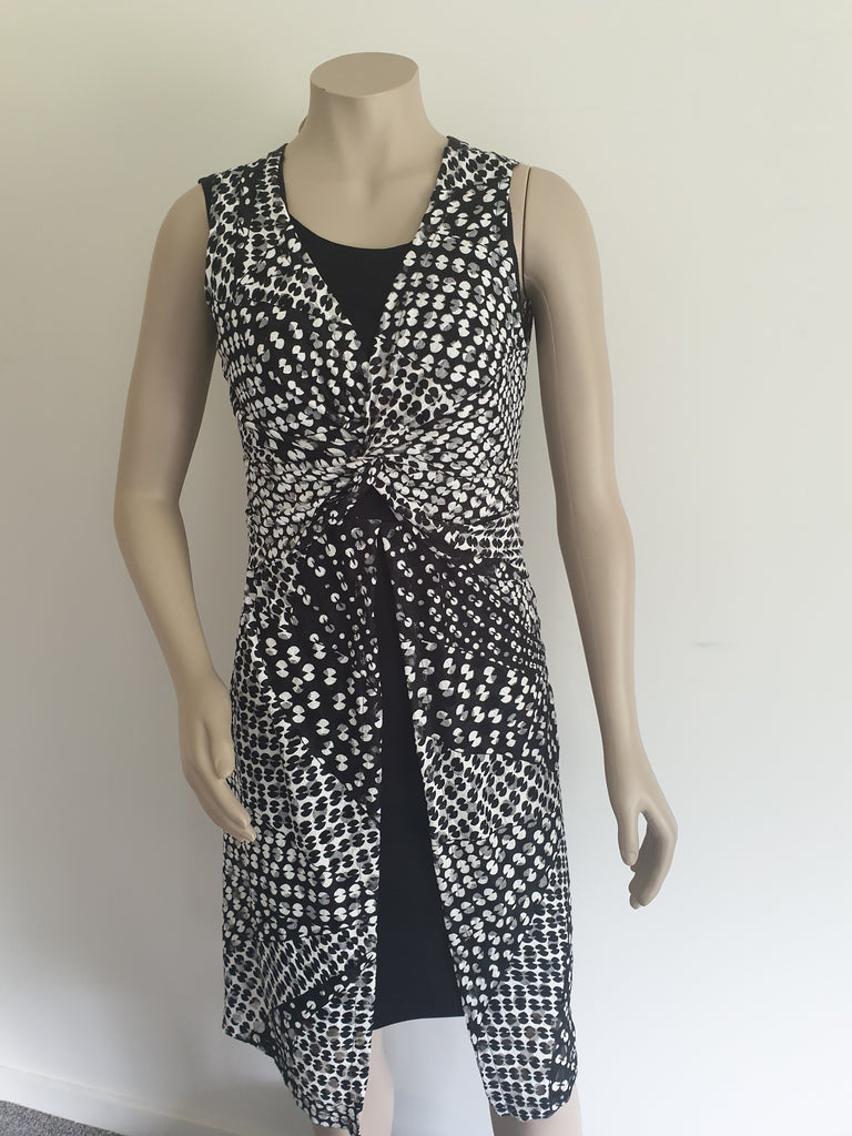 Mesh Split Twist Front Dress -  Black White Print