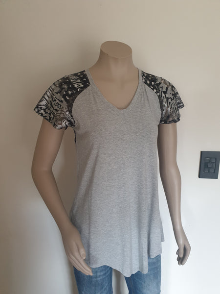 Grey & Black V Neck Knit & Lace Top