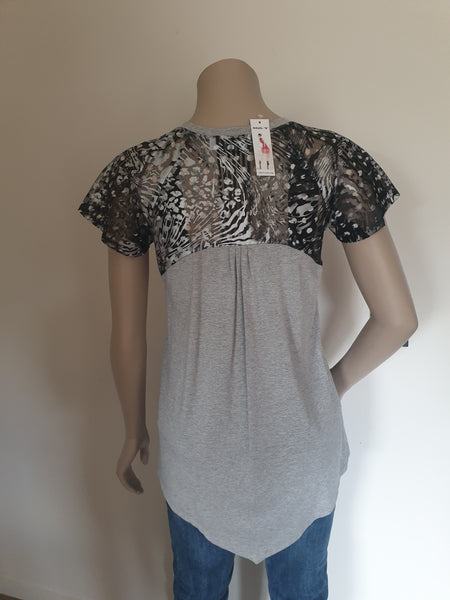 Grey & Black V Neck Knit & Lace Top