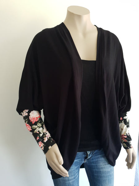 Black with Floral Sleeve Knit Kimono