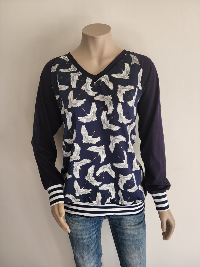 V - Neck Navy Bird Top