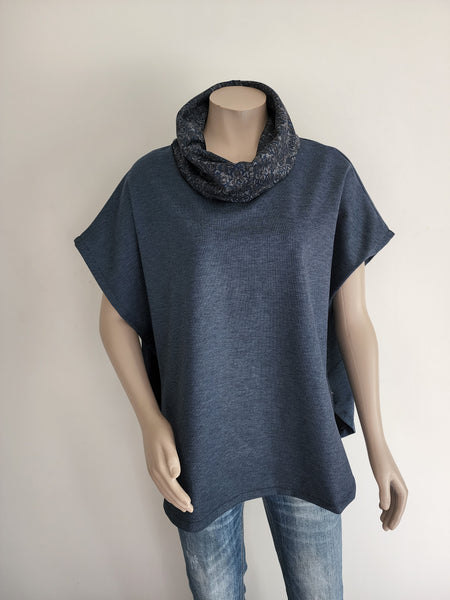 Blue / Black Ponte Cowl Neck Poncho