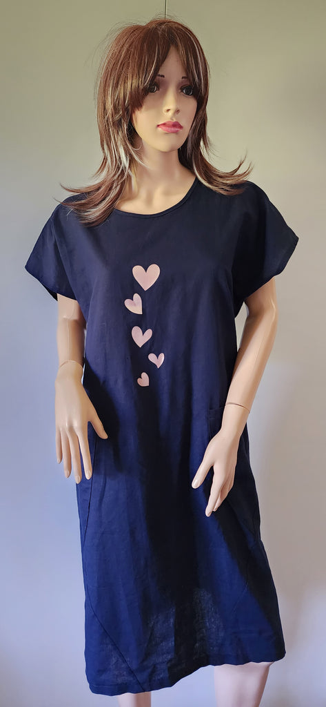 Cotton Linen Print Dress - Navy