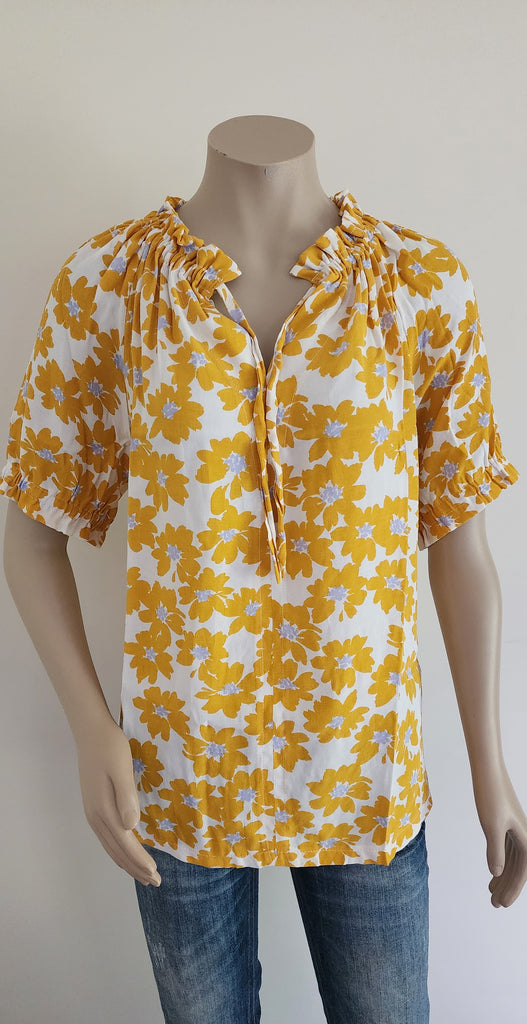 Mustard Floral Short Sleeve Ruffle Top