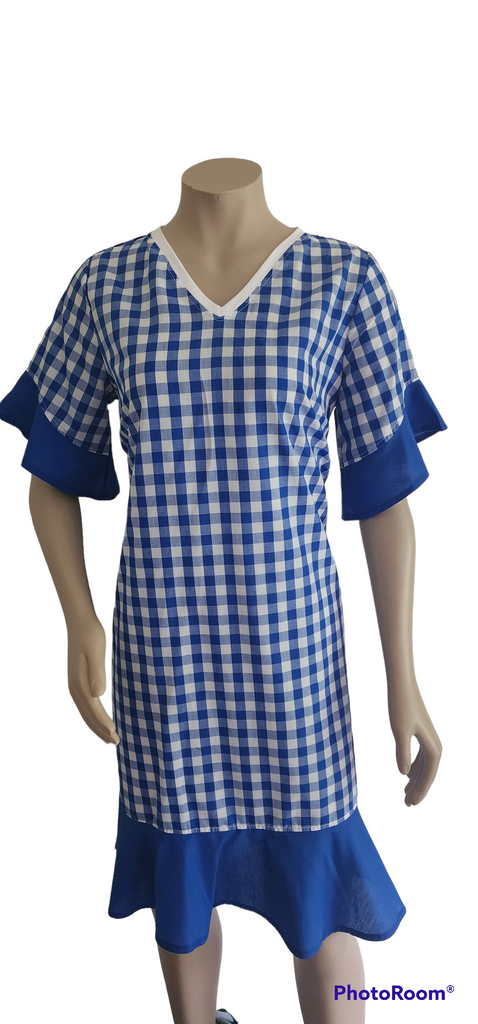 Gingham Flounce Dress - Blue