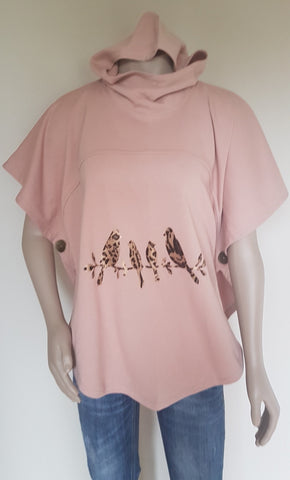 Dusky Pink Bird Print Hooded Sweatshirt Poncho - Cotton